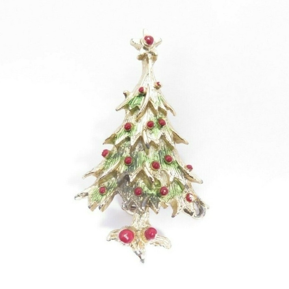 VINTAGE CHRISTMAS TREE HOLIDAY BROOCH PIN*GOLD PLATED W/ RED & GREEN ENAMEL
